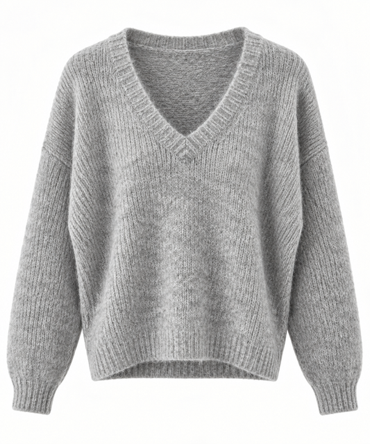 Jersey gris mujer de punto suave con escote pico