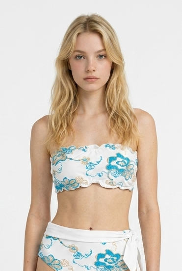 Biquini top blanco bandeau con bordado azul, FAVONE