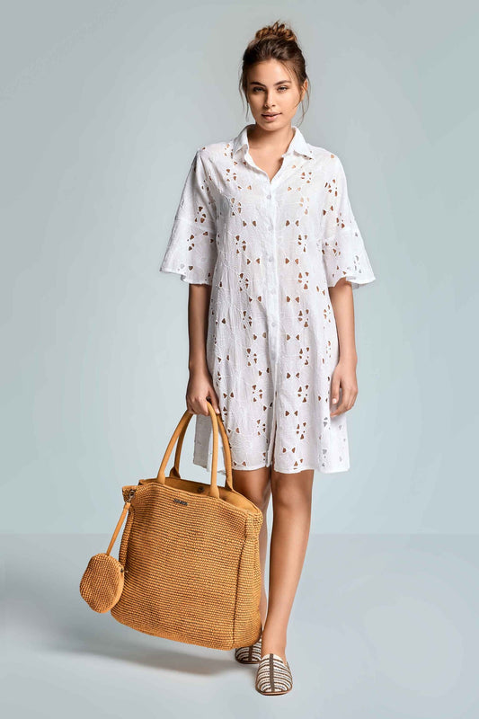 Romina 3/4 Sleeves Shirt Dress - WHITE - flanesyfresones
