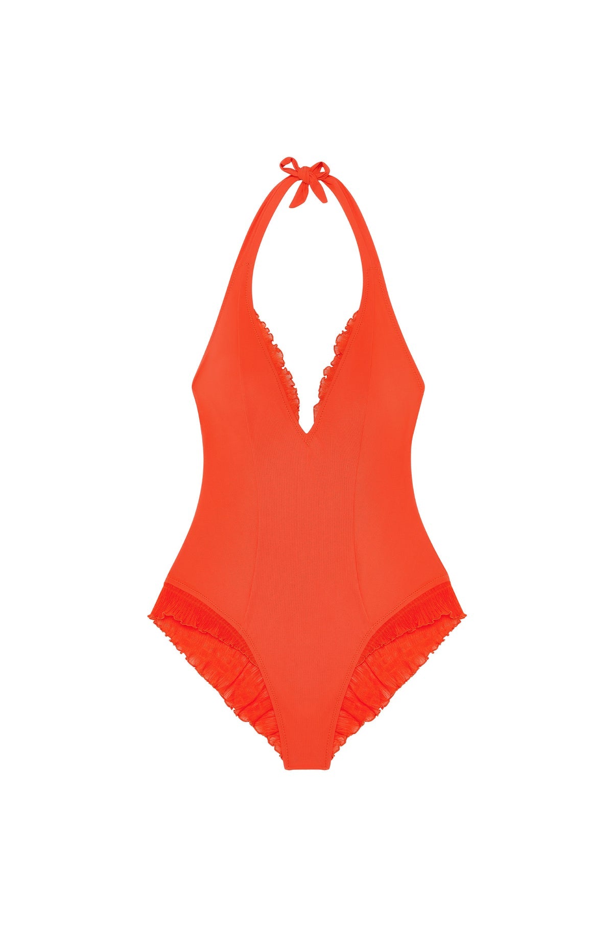 CAYLANE Bañador tanga naranja de corte alto con volantes - flanesyfresones
