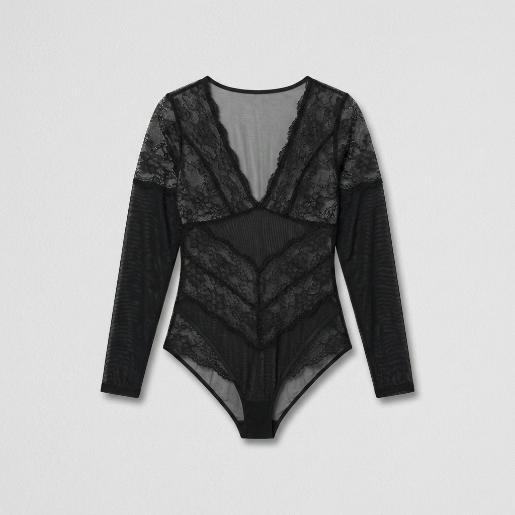 Body manga larga  negro encaje