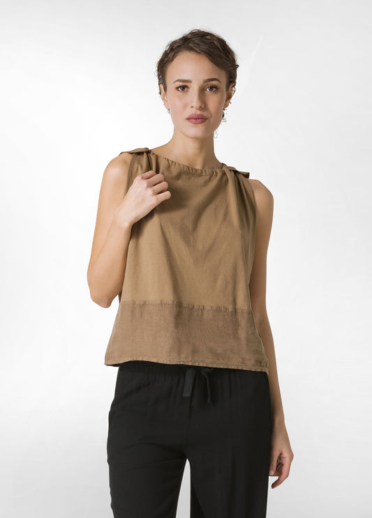 BLOUSE WITH BROWN LINEN INSERT