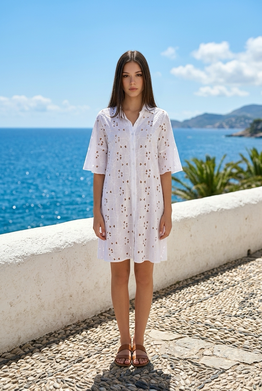 Romina 3/4 Sleeves Shirt Dress - WHITE - flanesyfresones