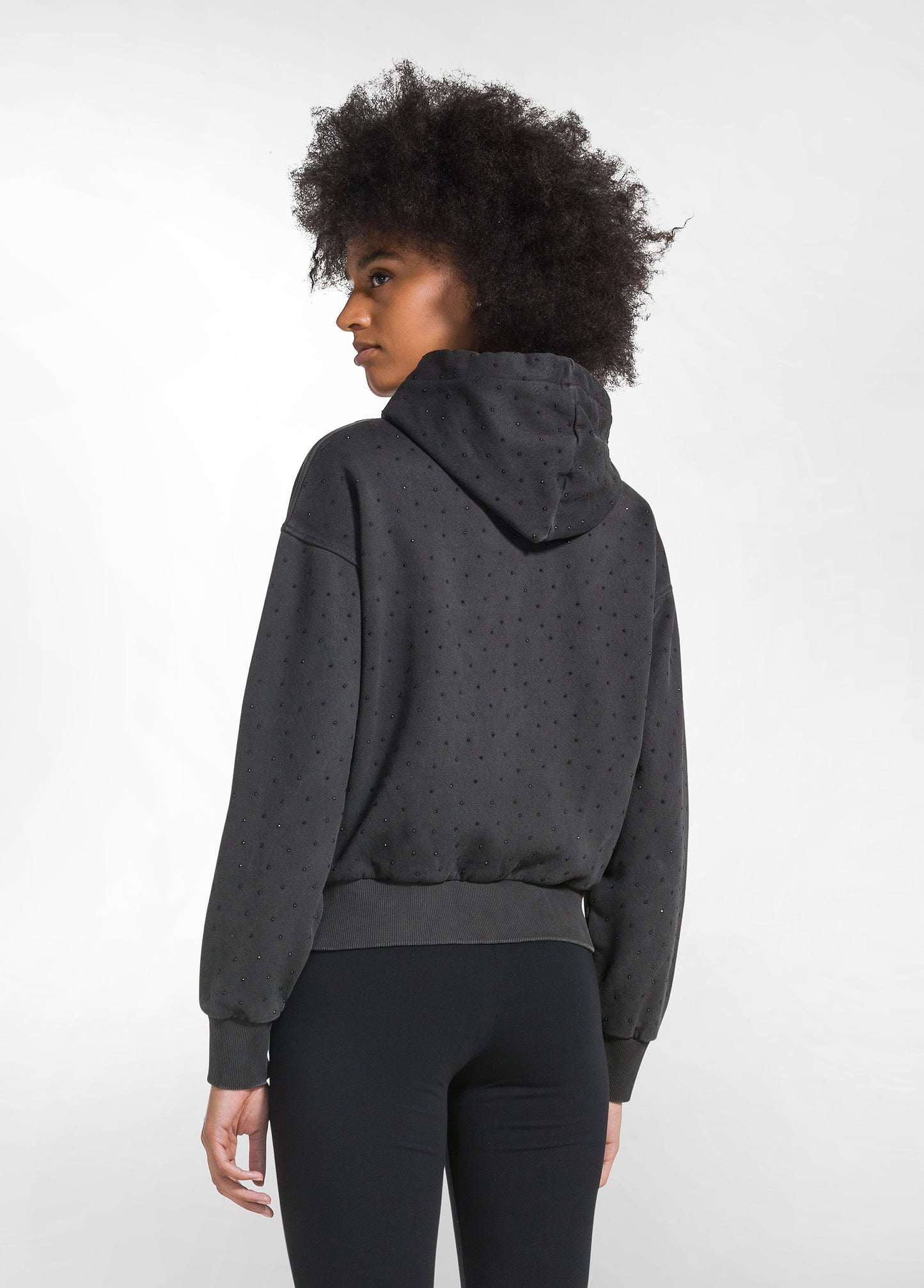 RHINESTONE ZIP-UP HOODIE - BLACK