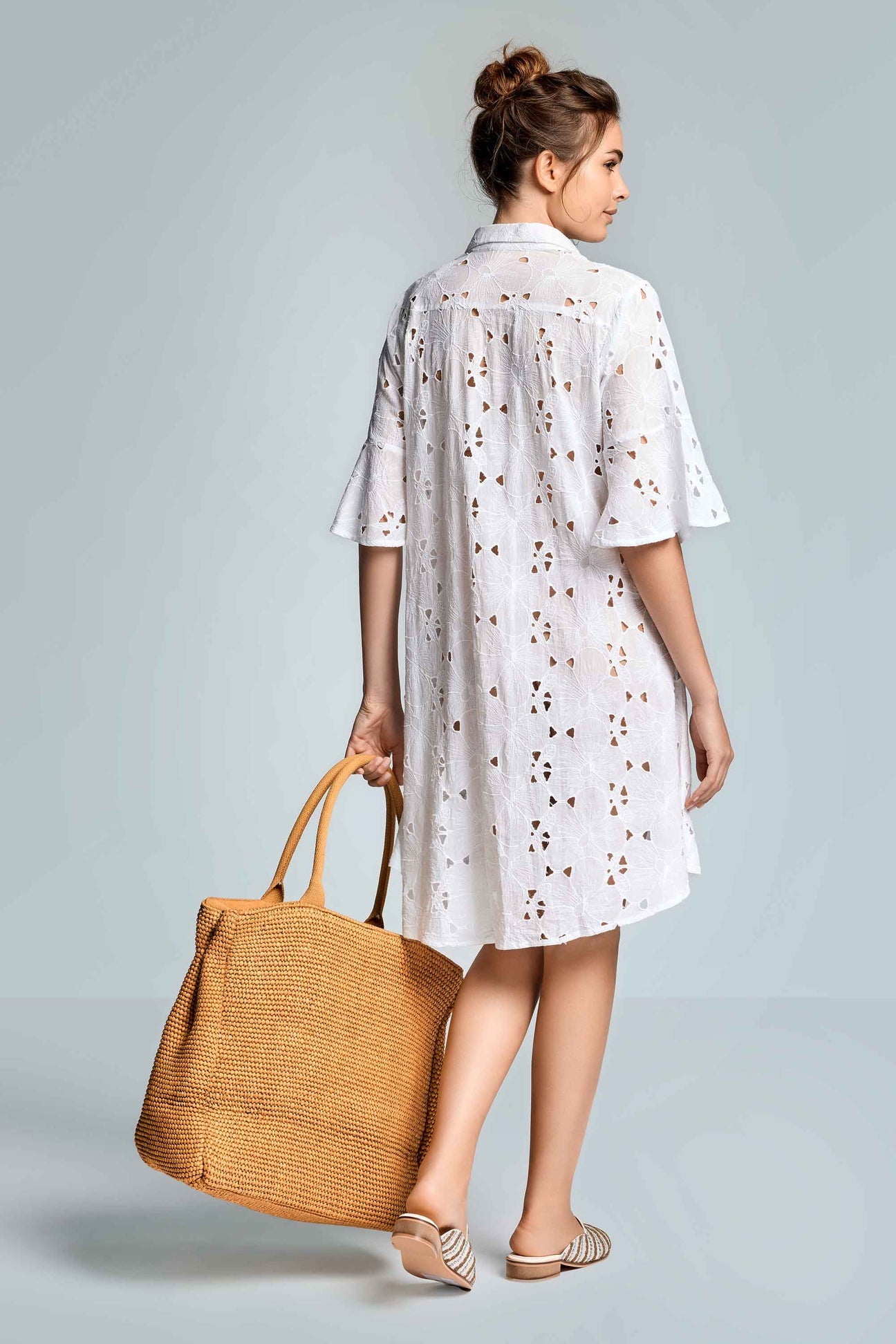 Romina 3/4 Sleeves Shirt Dress - WHITE - flanesyfresones