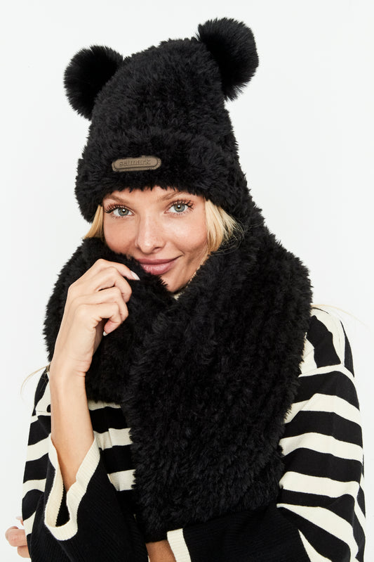 Set de Gorro y Bufanda con Pompones Negro